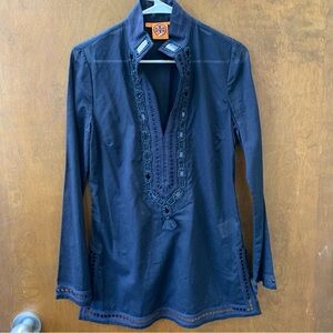 EUC Beautiful Sz4 Tory Burch Navy Tunic Geometric Embroidery 100% Cotton Sheer
